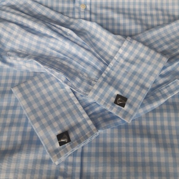 Thomas Pink SZ 17 French Cuff Gingham Blue & White Button Up Men's Shirt - Picture 3 of 15